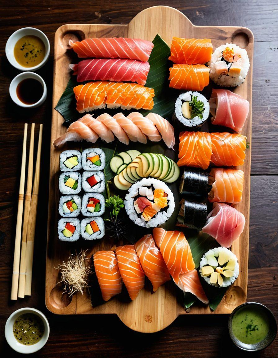 A sleek, elegant sushi platter showcasing a variety of colorful sushi rolls and sashimi, beautifully arranged on a wooden serving board. Include a pair of chopsticks poised above the platter, a small dish of soy sauce, and delicate garnishes like wasabi and pickled ginger. The setting should include soft lighting for a cozy atmosphere, evoking a sense of gourmet dining experience. super-realistic. vibrant colors. warm tones.