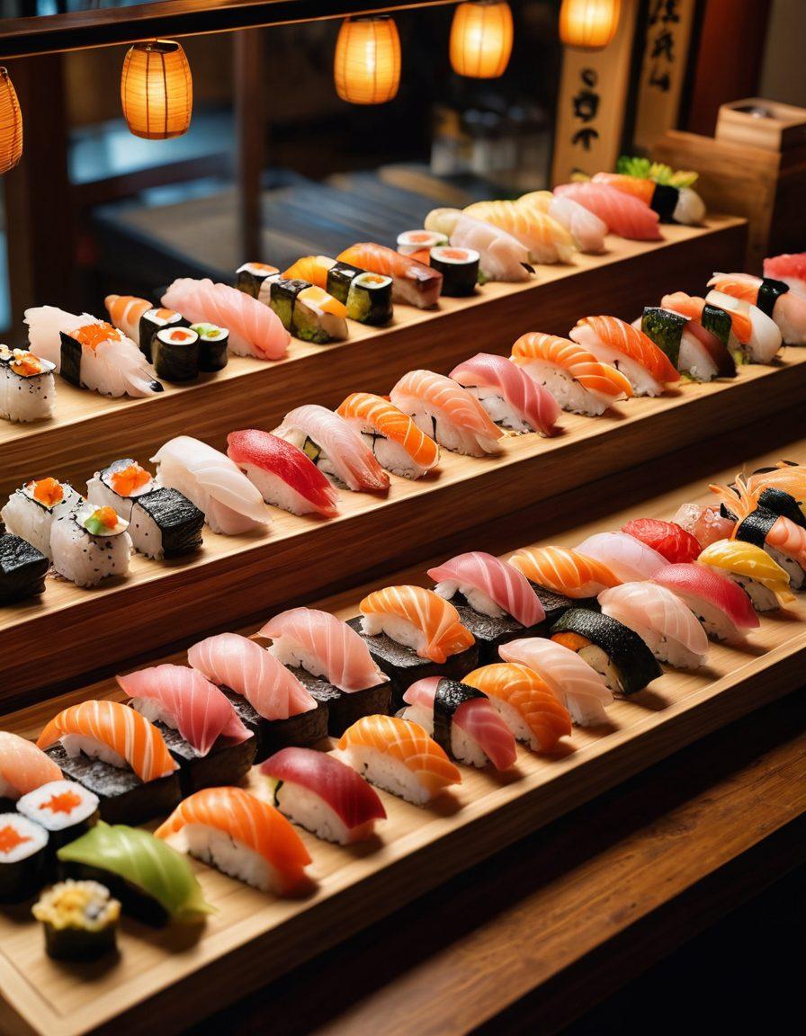 A bustling Japanese sushi bar filled with vibrant sushi platters showcasing a variety of colorful sushi types, from nigiri to maki rolls. Include a skilled sushi chef artfully preparing sushi behind the counter, with a warm atmosphere enriched by wooden decor and traditional Japanese lanterns. The scene should evoke the essence of Japanese culinary culture and heritage. super-realistic. vibrant colors. soft lighting.