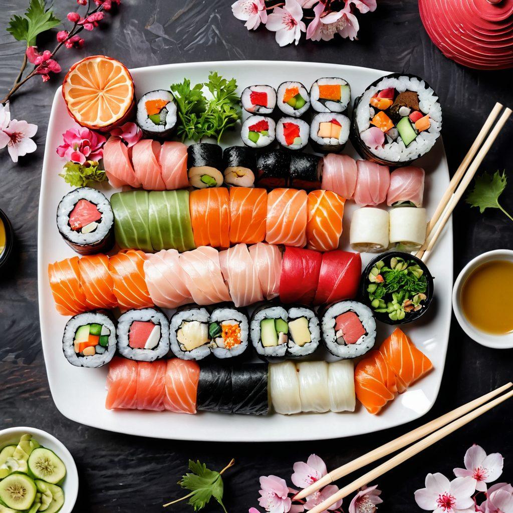 A vibrant sushi platter featuring an array of colorful sushi rolls, garnished with wasabi, pickled ginger, and decorative seaweed. The background includes traditional Japanese elements like cherry blossoms and a lantern. A pair of chopsticks gracefully resting on the side, inviting viewers to indulge in the delights of Japanese cuisine. super-realistic. vibrant colors. white background.